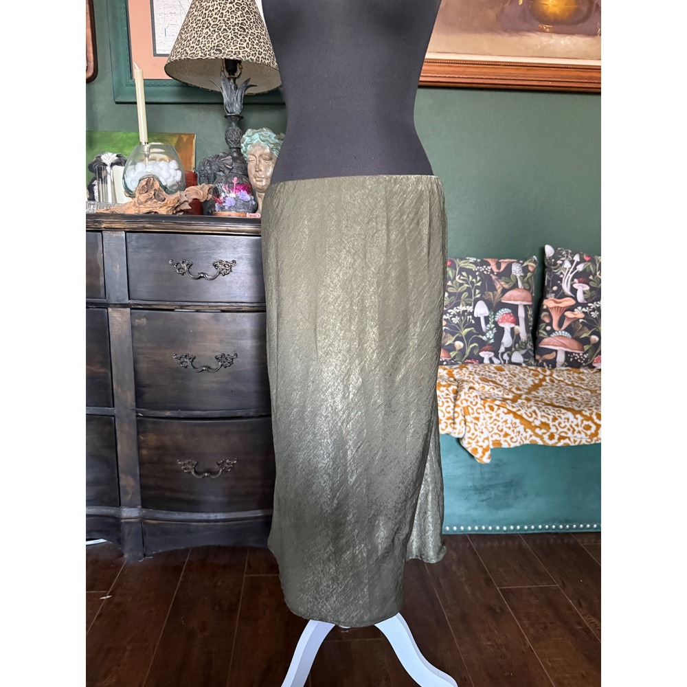 Forgotten Grace Olive Green Metallic Shimmer Midi Skirt Elastic Waist XL